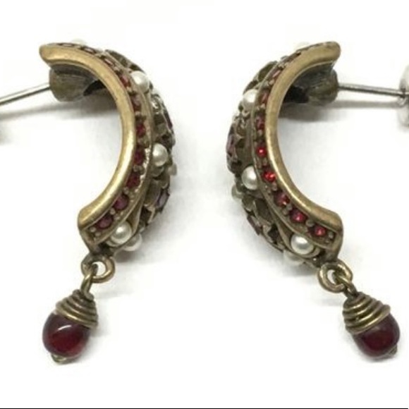 Designer Phillip Bloch Victorian Revival Red Garnet Post Hoop Earrings W Pearls - Picture 5 of 14